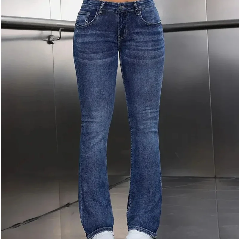 Y2k Jeans For Woman Blue Stretch Flare Denim Pants Vintage Retro Fashion Minimalist Elastic Waist Comfort Fit Trendy