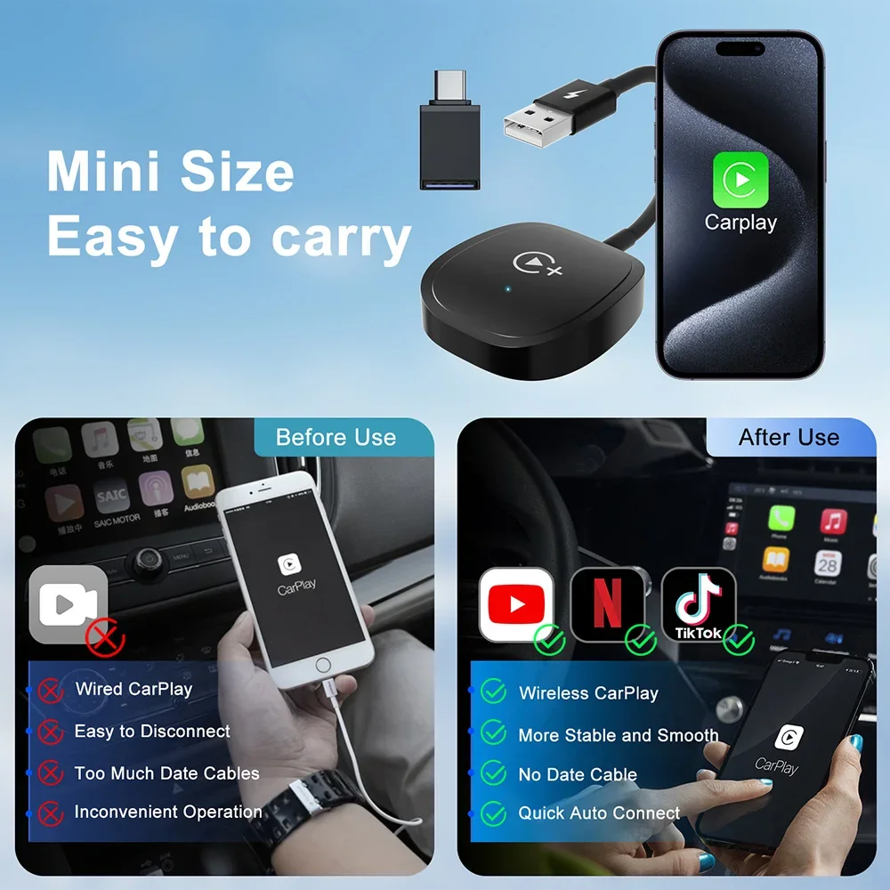 محول Carplay اللاسلكي يوتيوب Netflix Tiktok APP Player اللاسلكي aple Carplay Video Dongle سلكي إلى صندوق CarPlay AI اللاسلكي