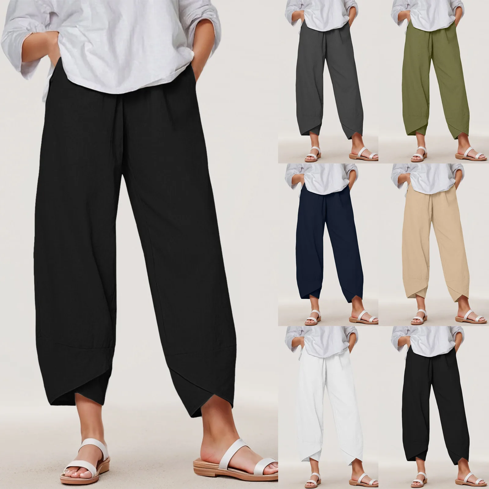 

Women Cotton Linen Pants Loose Elastic Waist Harem Comfort Pants Vintage Solid Casual Pockets Wide Leg Trousers Cropped Pants