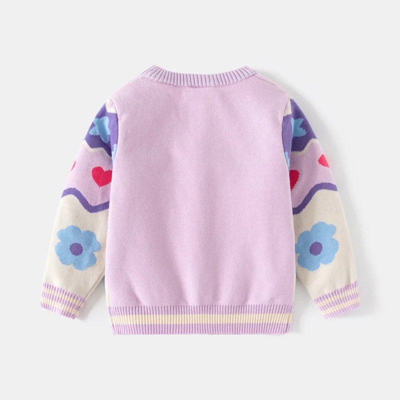 Korean Children Coat Girl Jacket Rainbow Striped Knit Cardigan Sweater Autumn Winter Stars Love Kid Flower Fashion Outerwear