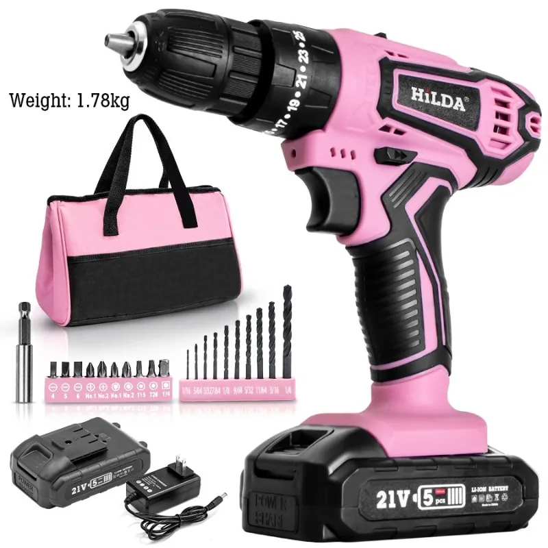 

HILDA 25+1 Torque 21V/12V Pink Diamond Bag Integrated Set Suitable for DIY Home Decoration with Accessories and One Batteries