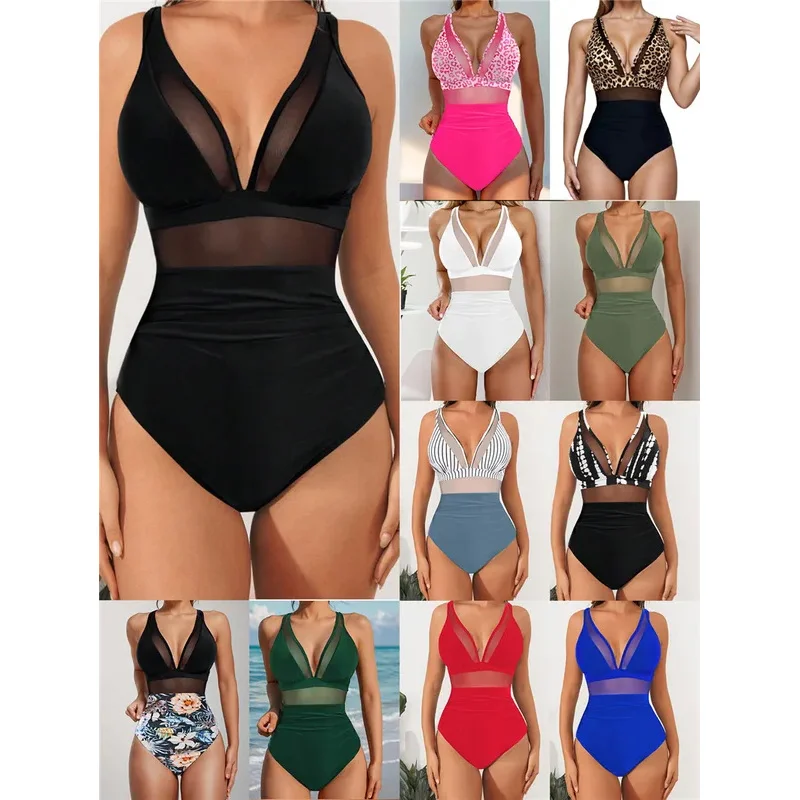 2026 New Mesh Tummy Control One Piece Swimsuit Women Sheer Monokini Bikini Trikini Mujer Maio Biquini Badpak Dames Beach Swimwea