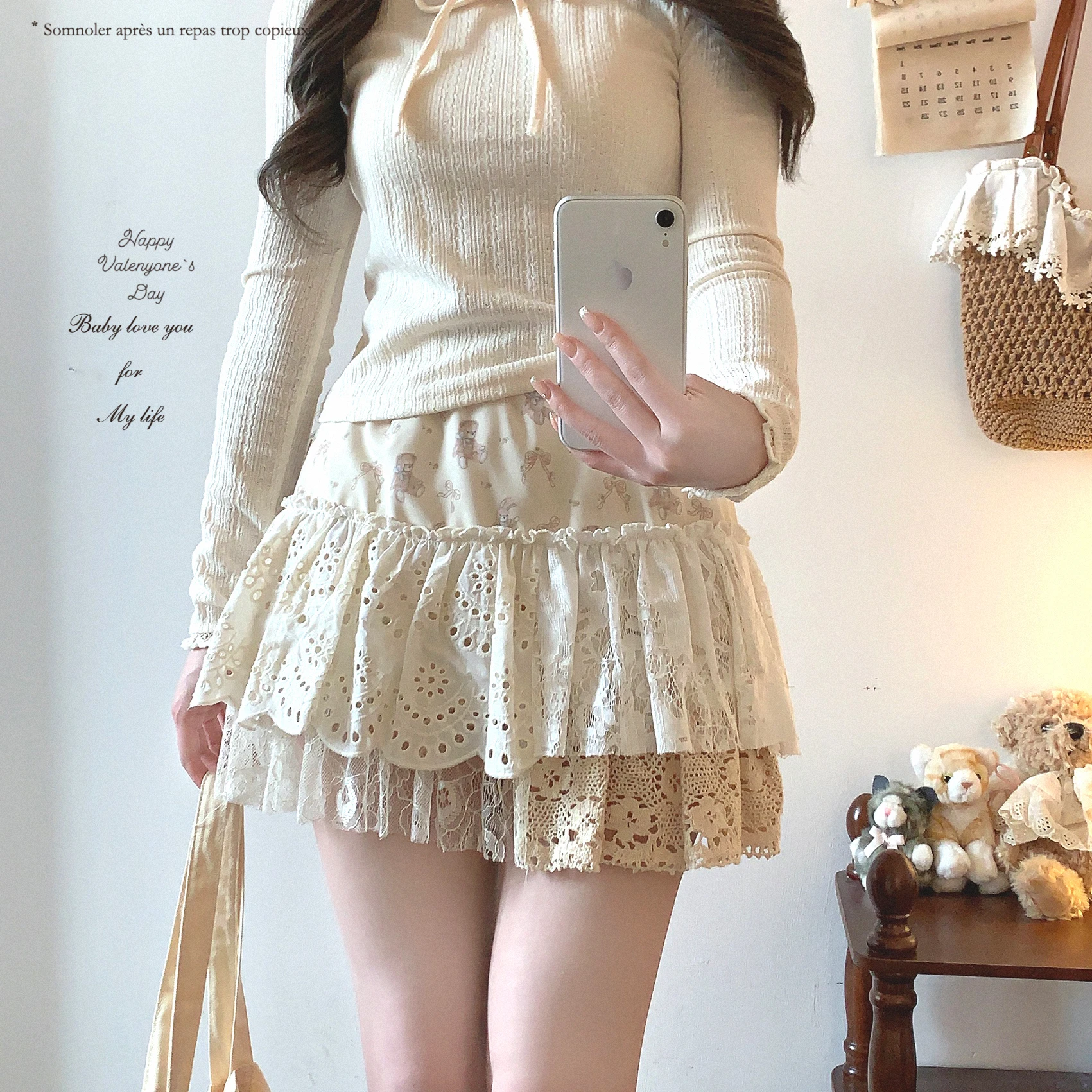 Japanese Elegant Retro Sweet Girl Skirts Elastic High Waist Lace Splicing Cute Bear Print Versatile Mini Cake Skirt Women Summer