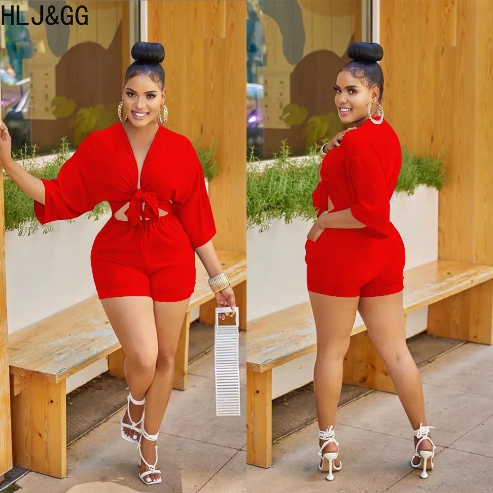 HLJ&GG Fashion Solid Color Hollow Out Bandage Rompers Women Deep V Long Sleeve Pocket Slim Jumpsuit Summer New Female Streetwear