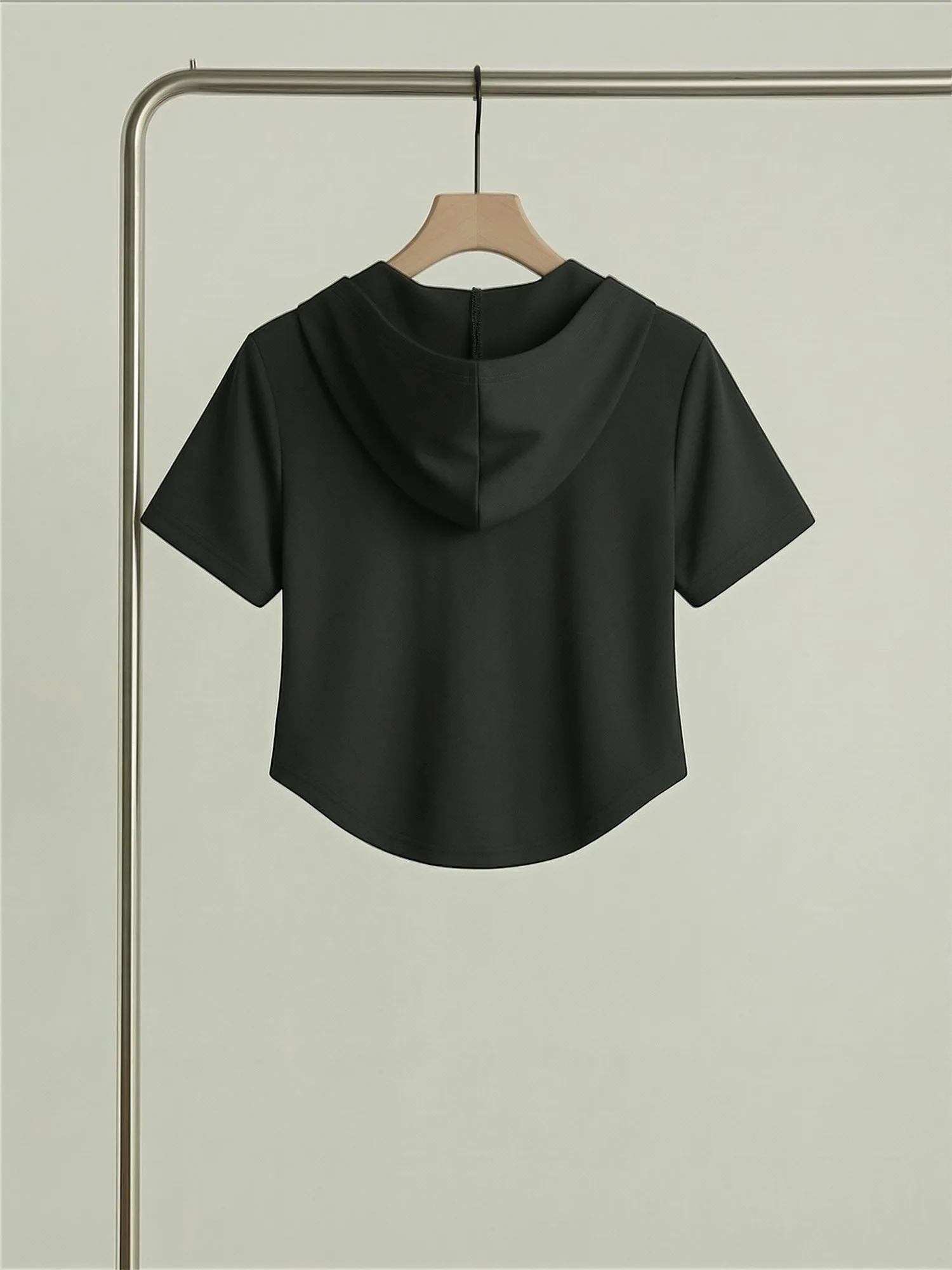 Women Outdoor Daily Short Sleeve Hooded Pullover Half Zipper Ring Pull Curved Hem Cropped Loose Solid Black Casual T‑Shirts