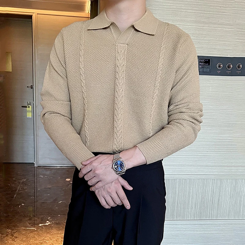 

2024 Spring New Men's Sweaters Fashion Twist Jacquard Knitted Tops Polo Shirt Men Clothing Casual Solid Color Knitting Sweater