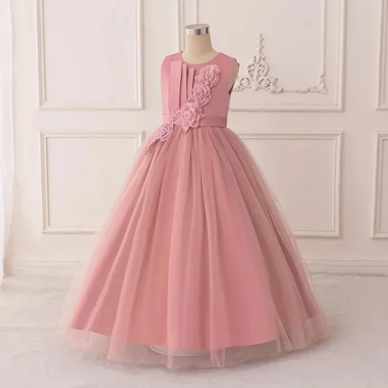 

COSda@Teens Pink Flower Party Girls Dresses Formal Wedding Bridesmaid Gown Elegant Tulle Birthday Princess Dress Kids Evening Cl