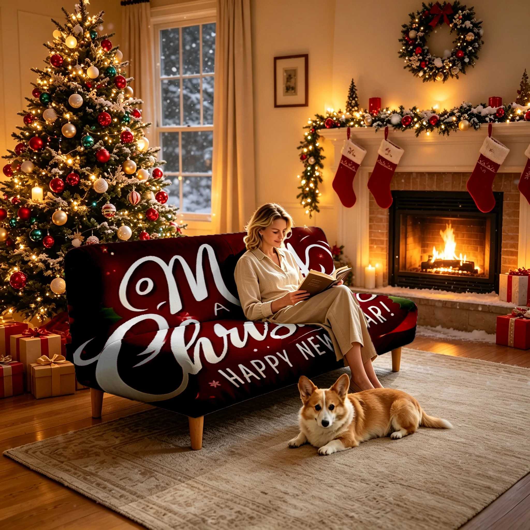 1PC Christmas Merry Christmas Printed Elastic Folding Sofa Bed Cover Happy New Year holiday Decoration Sofa Bed Without Armrests