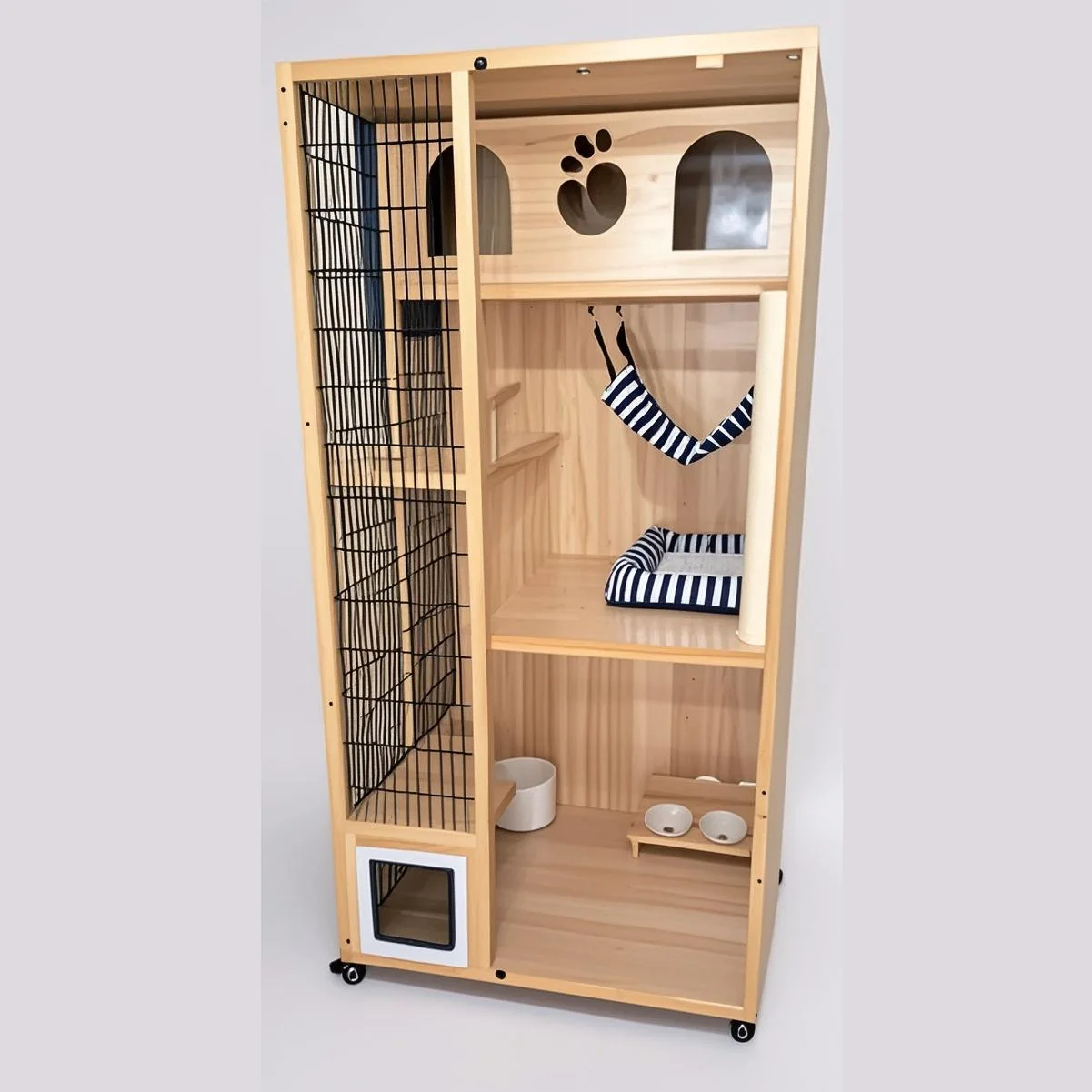 Customized High-End Indoor Pine Luxury Cat House Mobile Three-Story Pet Furniture Solid Wood Pattern