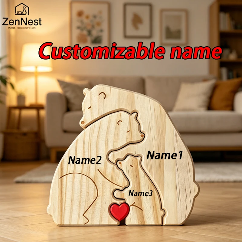 Wooden Puzzle Personalized Customized Bear Family Warm Birthday Gift Solid Wood Ornament Laser Engraving Home Decoration