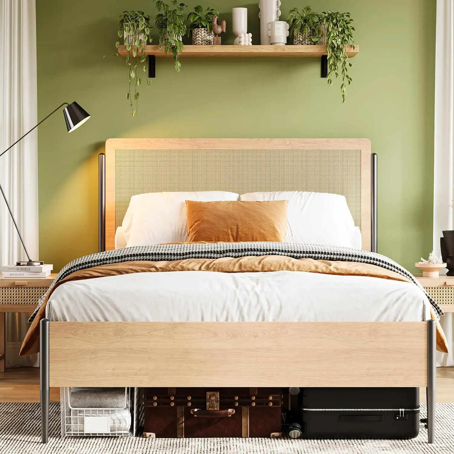 Full Size Bed Frame With Rattan Headboard, Rattan Full Platform Bed Boho Style With Strong Metal Slats Support, Under Bed