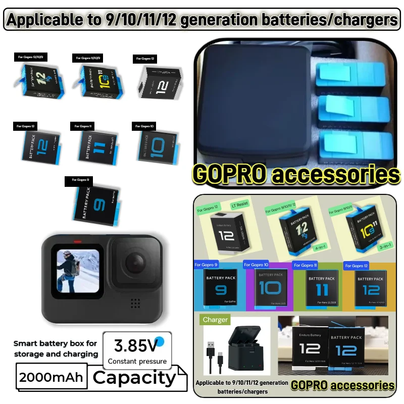 

New 2000mAh High Capacity Li-ion Rechargeable Battery Pack with Fast Charger for GoPro Hero 12/11/10/9 Action Camera Accessories