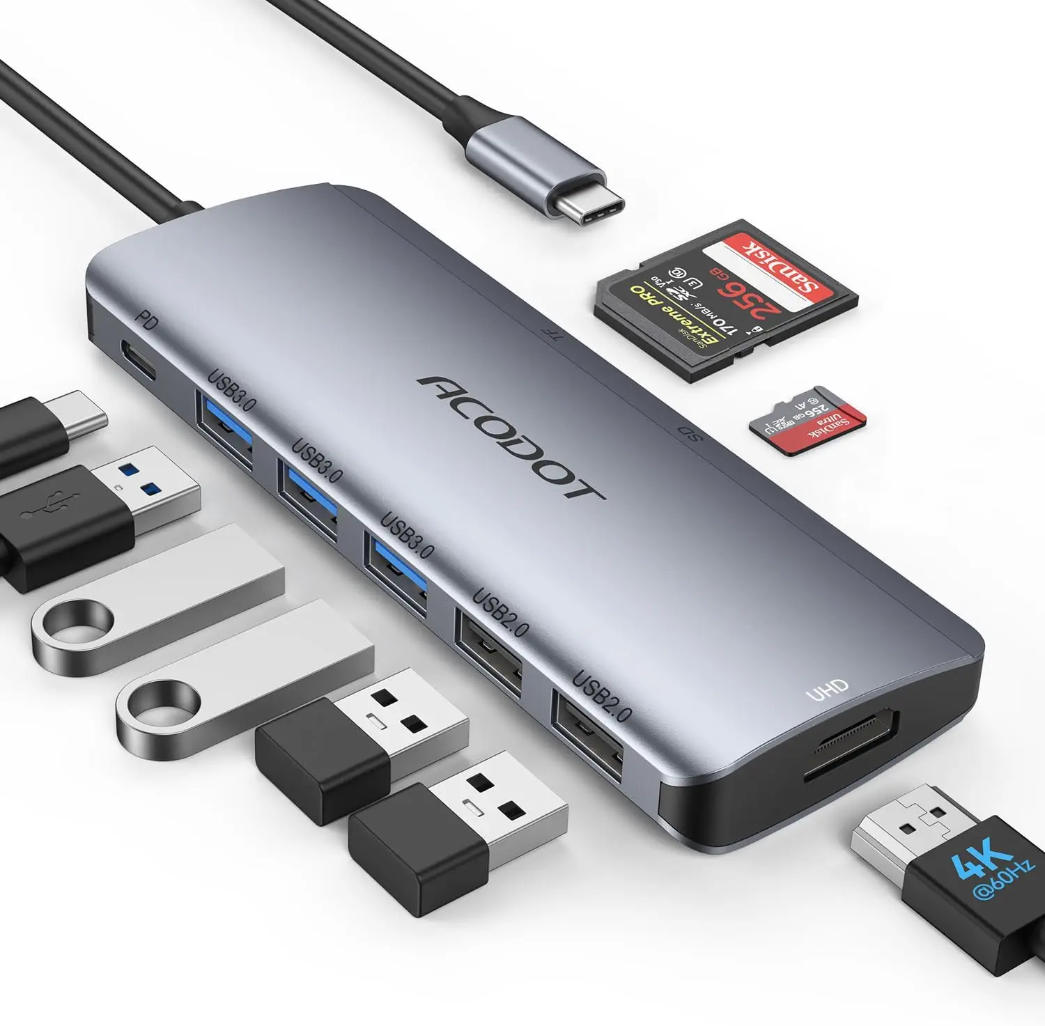 

Многофункциональный USB-C хаб 9-в-1 с 4K HDMI, 3 портами USB 3.0, кардридером SD/TF и поддержкой PD 100 Вт для MacBook и устройств с Type-C