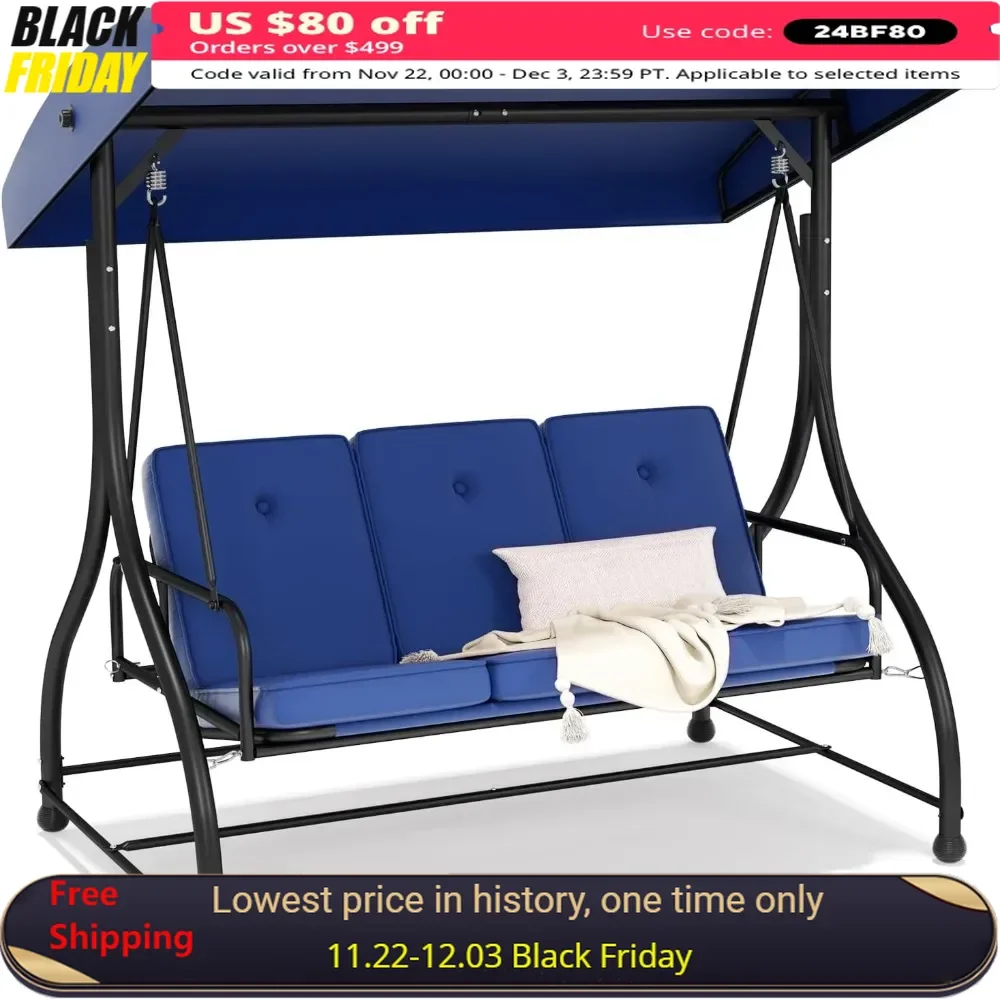 

Outdoor Porch Swing 3-Seat with Adjustable Canopy Removable Cushion for Patio, Backyard, Poolside, Balcony, Outdoor Swing