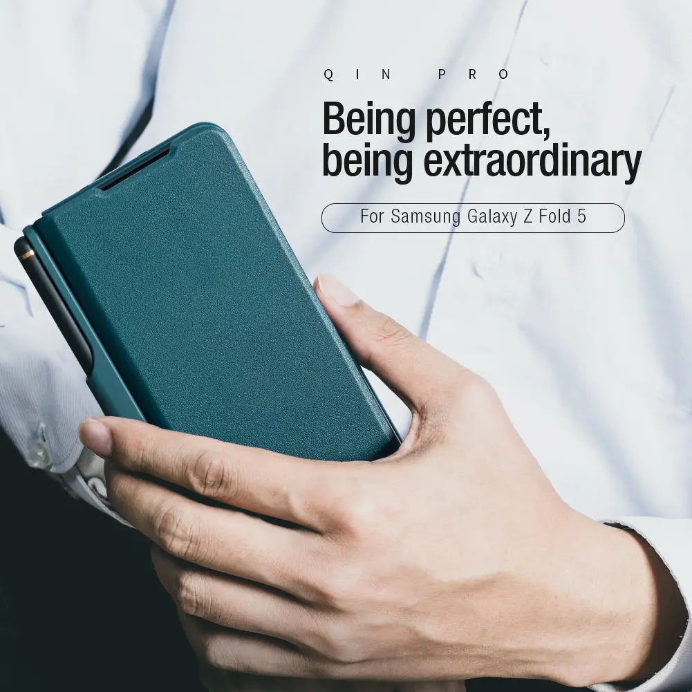 NILLKIN Qin Flip Leather Case for Samsung Galaxy Z Fold 5 with S-Pen Pocket Slide Camera Lens Cover Full Protection Phone Case