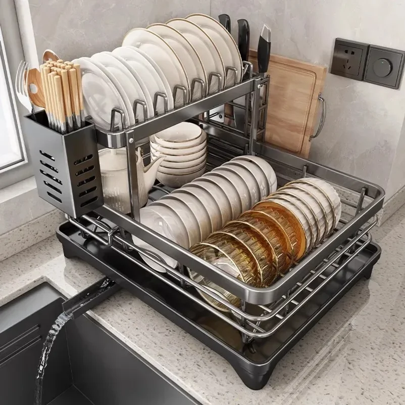 

Adjustable Stainless Steel Dish Drying Rack with Drain Board – Over-Sink Plate Holder & Kitchen Storage Organizer