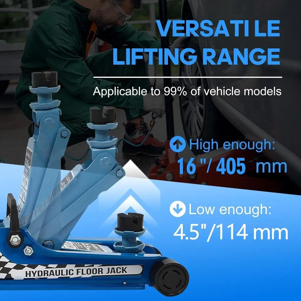 ロープロファイル2.5トンヘビーデューティーレーシングフロアジャッキ、シングルピストンポンプ付き、3.35～14.96インチまで持ち上げ可能（ブルー）