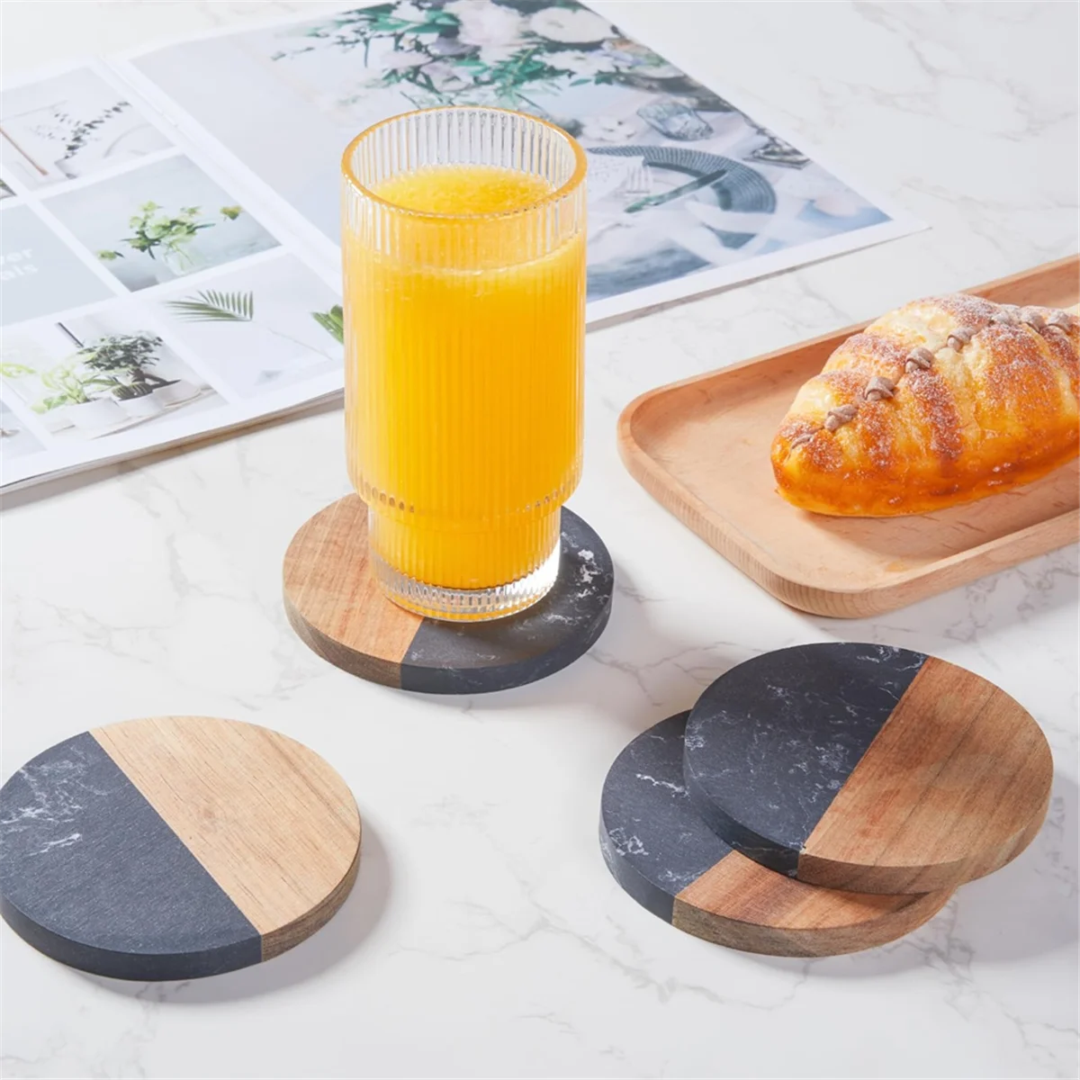 AT53 Coasters Set of 4 for Drinks,Marble-Wood Spliced Coaster for Tabletop Protection,Cup Holder Coasters for Multiple Cup
