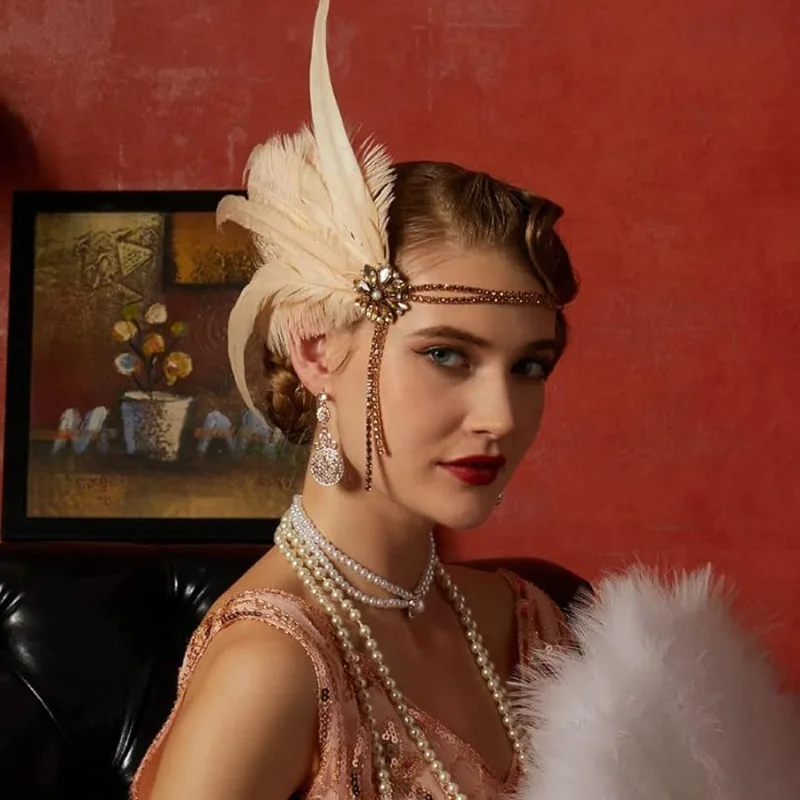 1920s Gatsby Party Feather Headband Yellow Fringe Retro Hair Accessory view 6