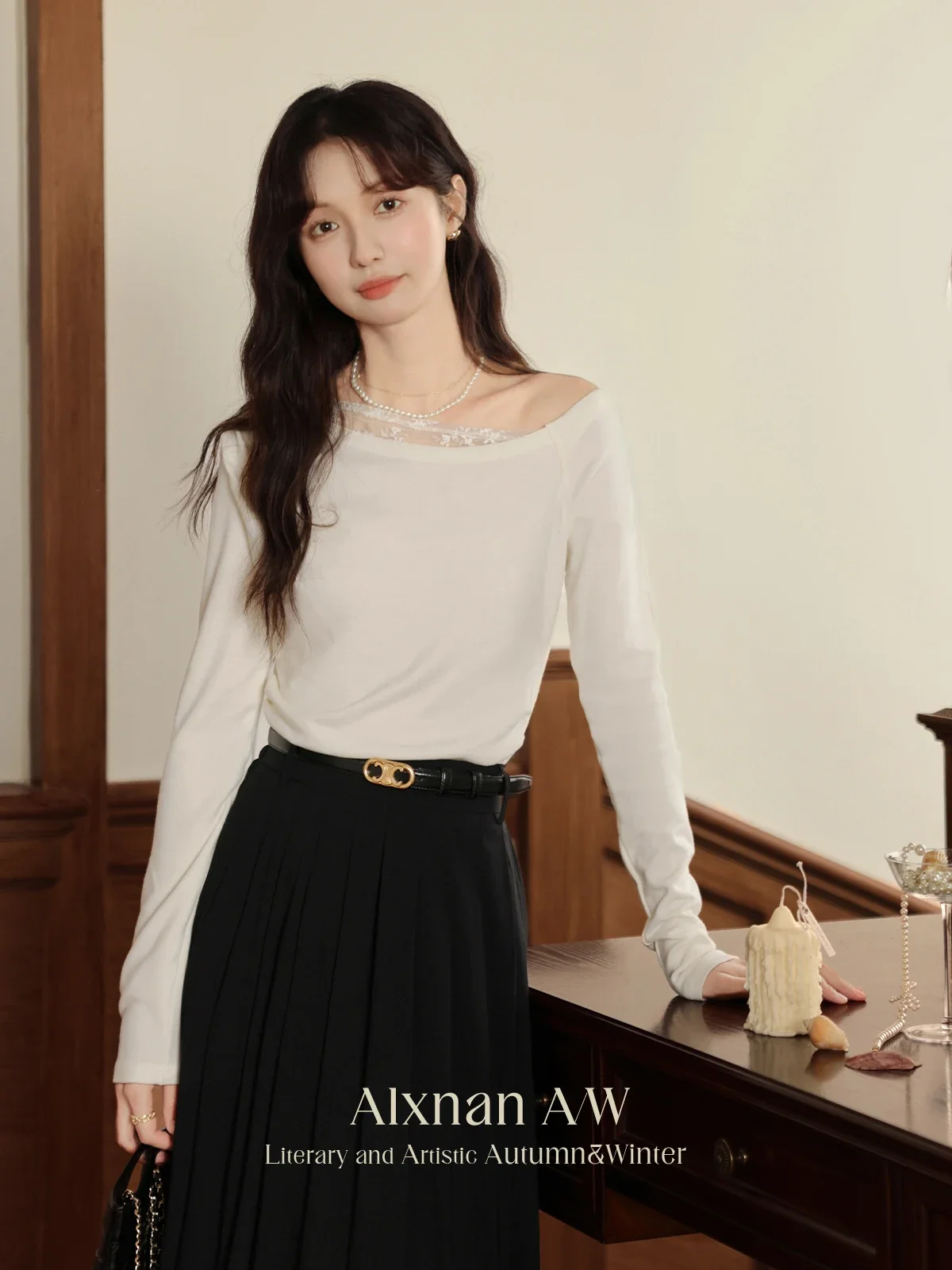 ALXNAN Women Fake Two Piece T-shirts Elegant Irregular Lace Patchwork Skew Collar Long Sleeve 2024 Fall Winter Slim Tops L507122