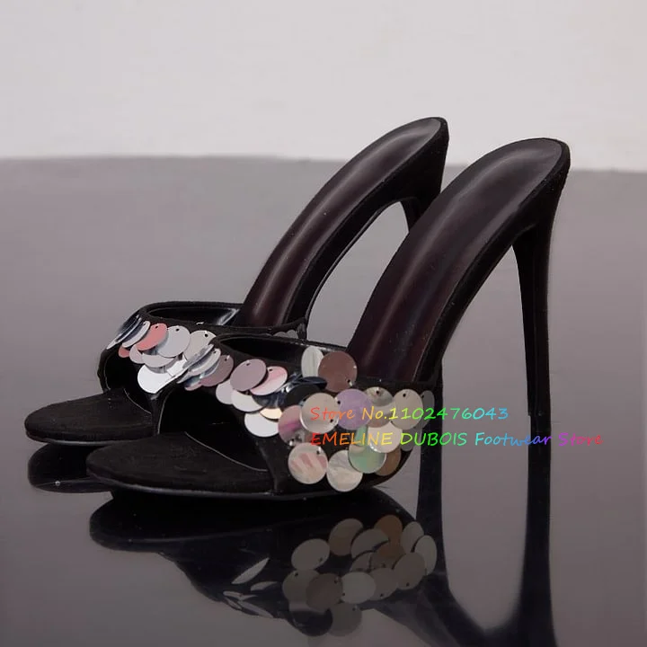 

Silver Sequin Decor Open Toe High Heel Mules Black Stain Stiletto Heel Bling Bling Girl Evening Banquet Dress Shoes Sexy Slipper