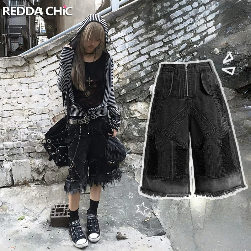 ReddaChic Pantalones Cortos Vaqueros Rotos para Mujer, Estilo Grunge Boyfriend, Negros, de Tiro Bajo, Denim Desgastado, Bermuda, Punk, Ropa Urbana de Verano