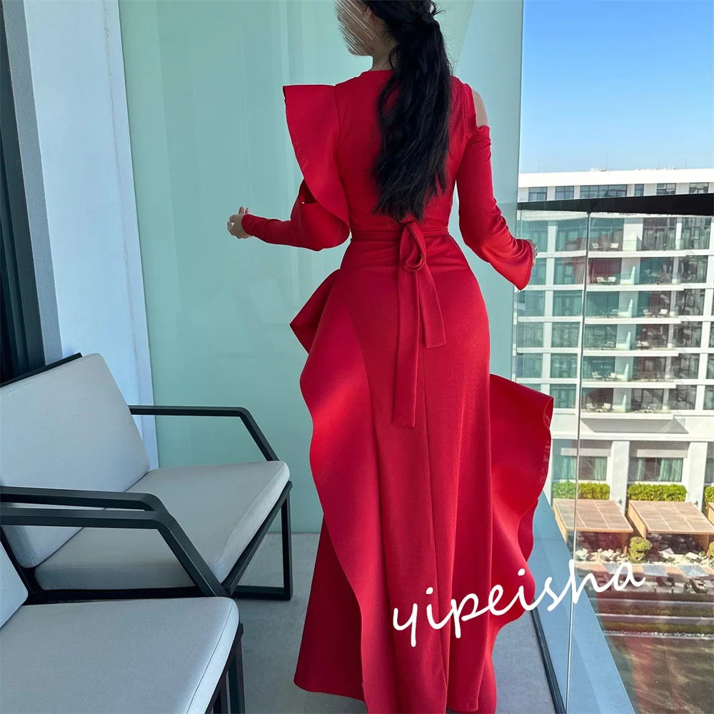 Customized Jiayigong  Prom Jersey Ruffles Valentine's Day Sheath O-Neck Bespoke Occasion Gown Midi Dresses