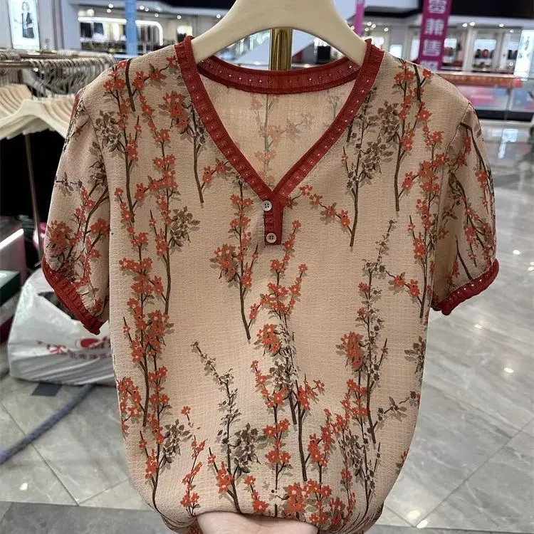 New Summer Women's Short Sleeve Cotton Linen Bubble Fabric V-Neck Fashionable Stylish Mom's Outfit for Middle-aged and Elderly