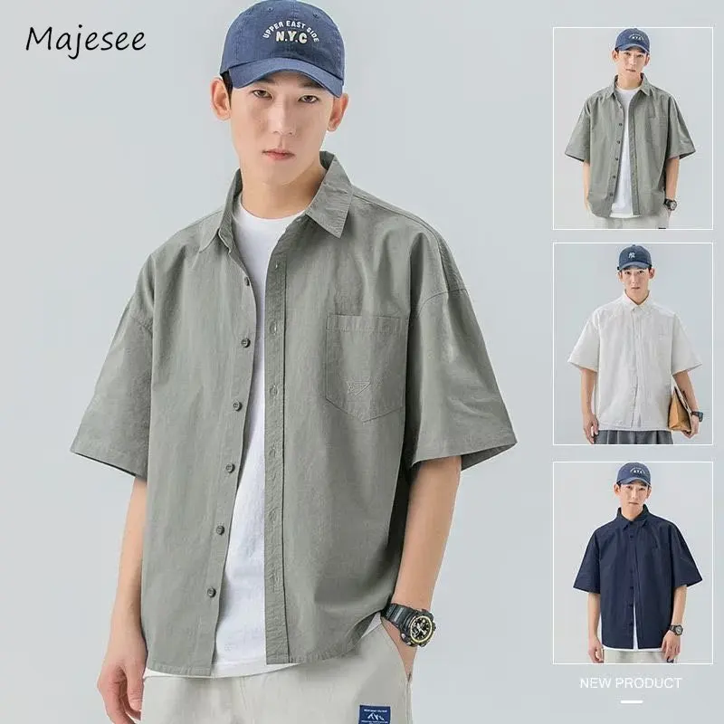 

3 Colors Lapel Shirts Men Vintage Solid Color Basic Summer Unisex Japanese Style Tops Pocket Design Clothing Handsome Leisure