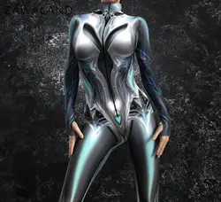 Zawaland Halloween Dark Symmetrical 3D Print Jumpsuit Adult Sexy Robot Cosplay Bodysuit Party Stage Showing Catsuit Rave Outfits
