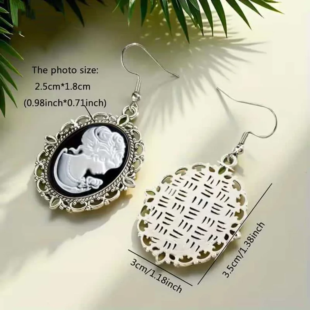 Vintage Oval Filigree Cameo Portrait Dangle Earrings Black White Victorian Lady Drop Earrings for Women Gothic Jewelry Gifts