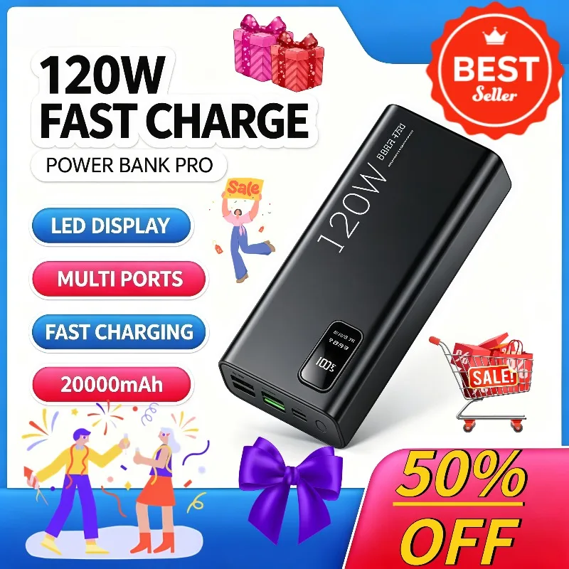 20000/30000/50000/80000mAh Power Bank 120W Super Fast Charging Bidirectional Fast Charge Portable Universal External Battery