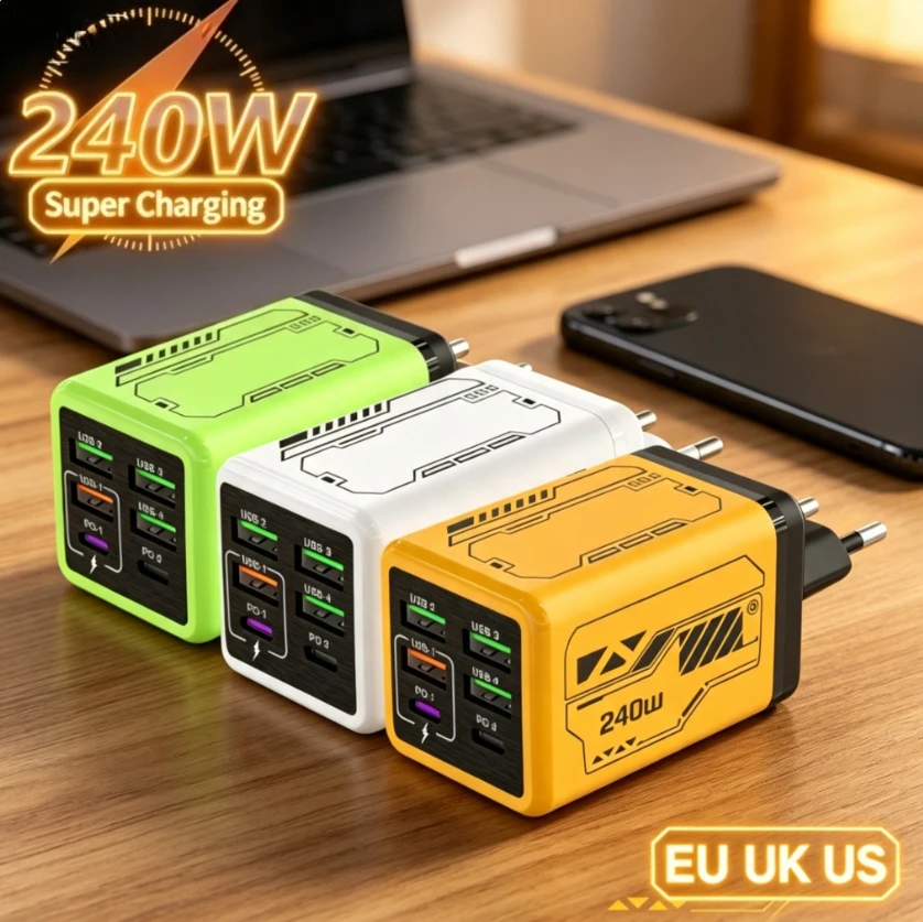 PD 3.0 240W 6 Ports Super Fast Charge Charger USB Type C High Speed Charging Phone Adapter For Samsung Xiaomi 17 Pro iPhone 16