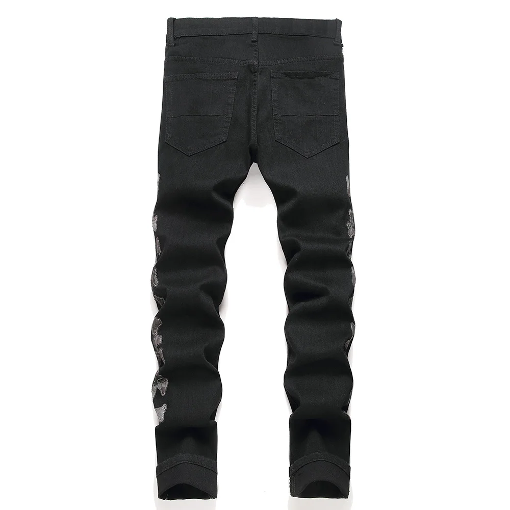 Pantalones vaqueros con parche de huesos para hombre, ropa de calle, pantalones elásticos rasgados con agujeros, Pantalones rectos ajustados Punk negros