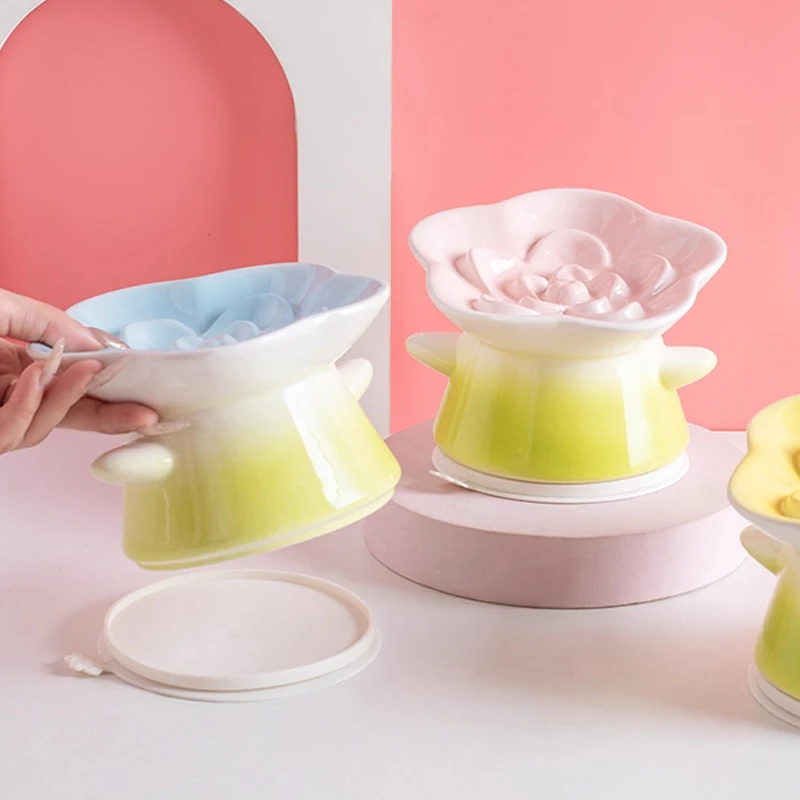 

Creative Ceramic Drinking Water Food Tall footed Pet Bowls Anti Overturning Neck Protection Slow Food Anti Choking Cat Bowl, 1Pc