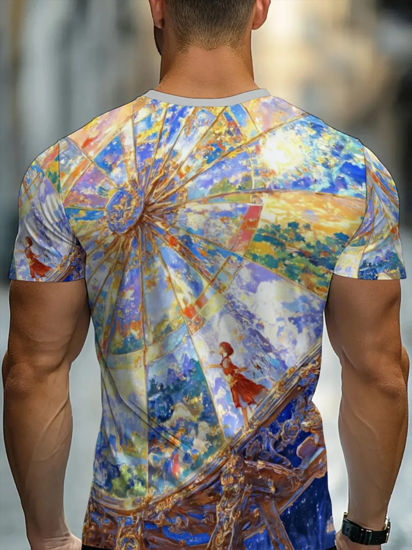Men Fantasy Oil Painting Ferris Wheel 3D Print T-shirt Crew Neck Short Sleeve Back Print Casual Streetwear Top