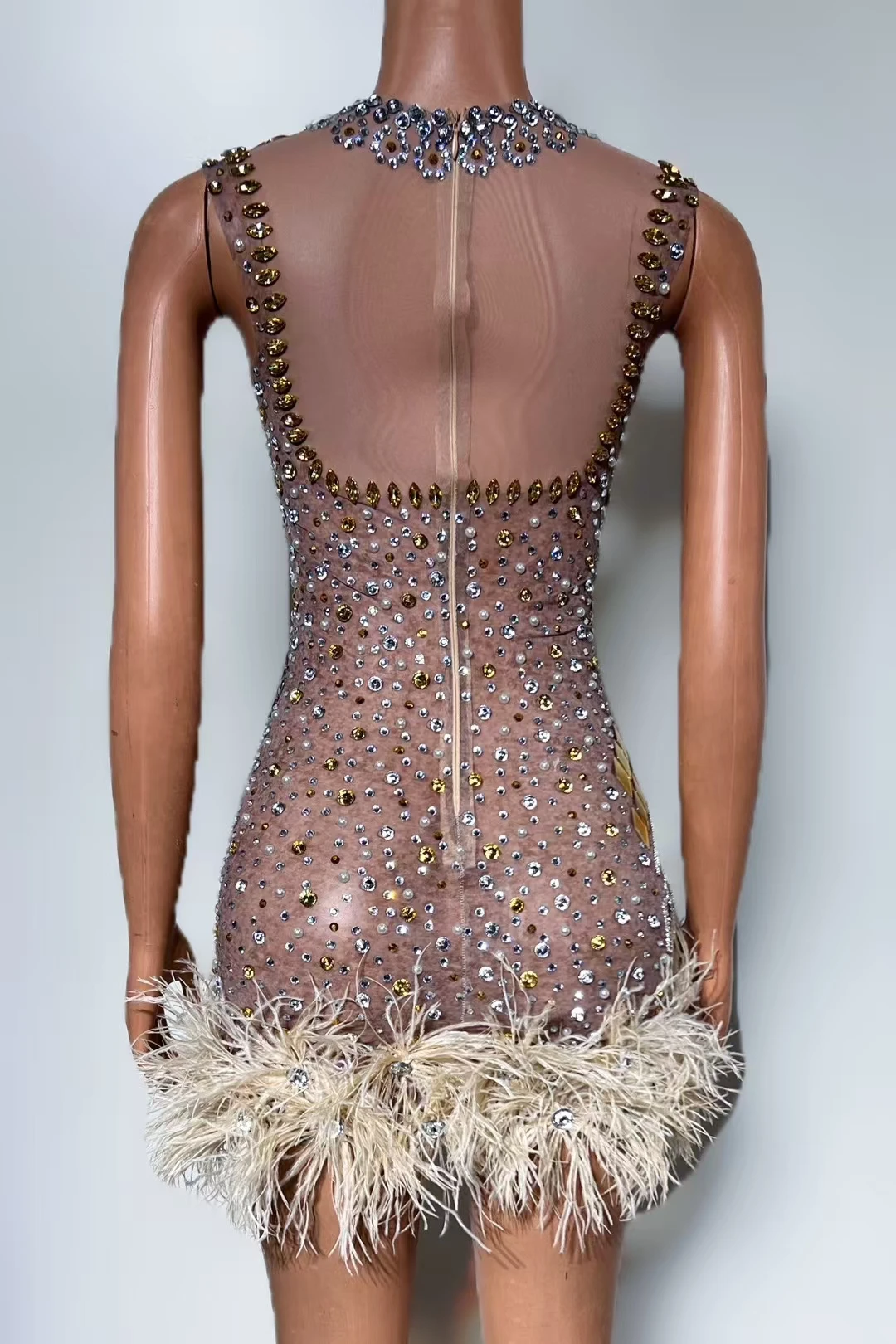 شبكة بلا أكمام ضيق مثير كامل الماس اللؤلؤ LensFeather تنورة قصيرة حزب ملهى ليلي بار أداء زي W007