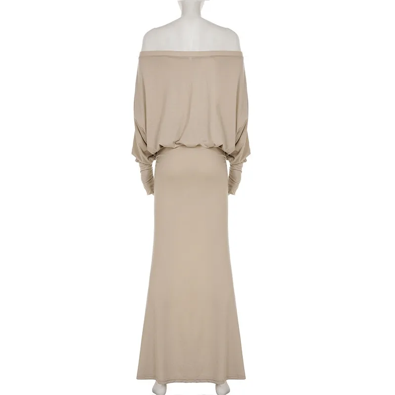 Robe longue moulante pour femmes, élégante, Maxi, Sexy, col Slash, épaules dénudées, manches longues, drapée, Patchwork, fête, automne 2025