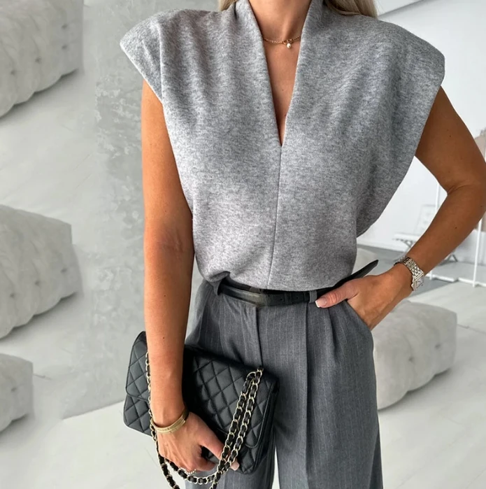 Summer Two-piece Women's Casual V-neck Sleeveless Blouse Top and Elegant Commuting High Waisted Ruched Straight Leg Pants Set