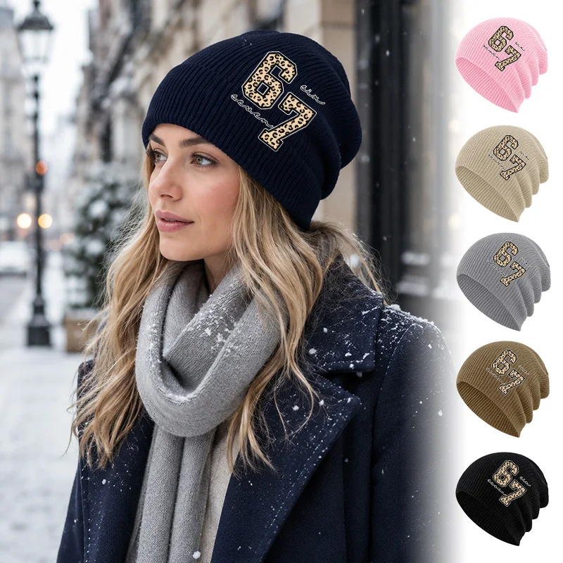 Popular Chic Slouchy Beanie, Leopard Number 67 Graphic Print, For Daily Going‑out, New Year & Holiday Friend Reunion