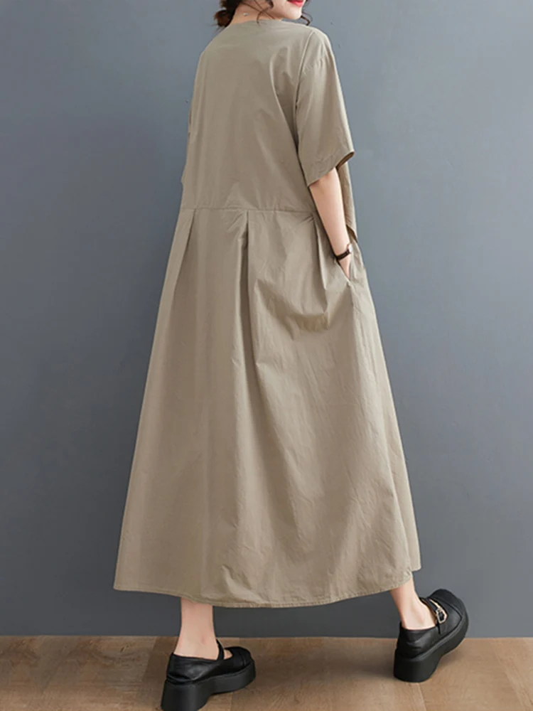 Patchwork Khaki Vintage Summer New In Dresses For Women Korean Fashion Short Sleeve Loose Casual Long Dress Elegant Clothes 2024