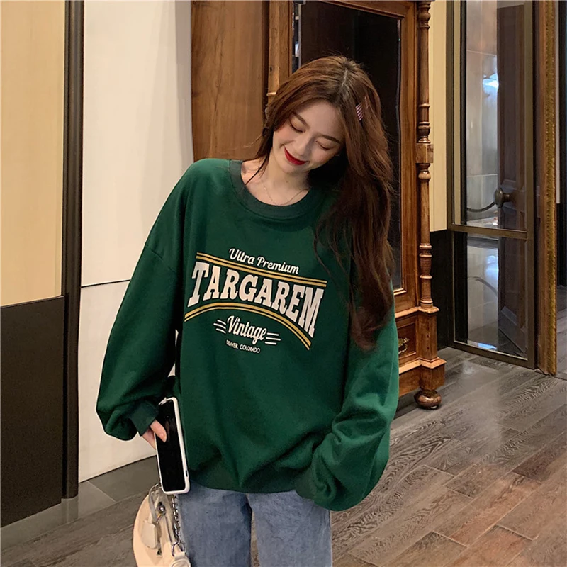 

Loose Fit Short Sleeve Long Hoodie Women's Spring Autumn Winter Green round Neck Korean Style Comfortable Breathable Sweatshirt