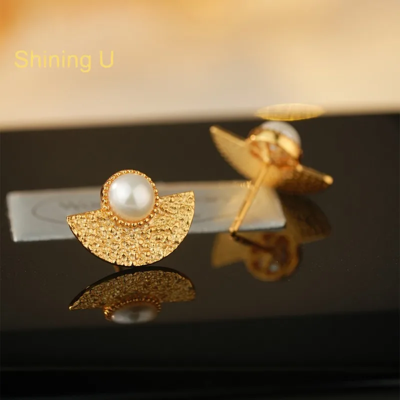 Shining U 925 Sterling Silver Pearl Sector  Shape Stud Earrings for Women Fine Jewelry Anniversary