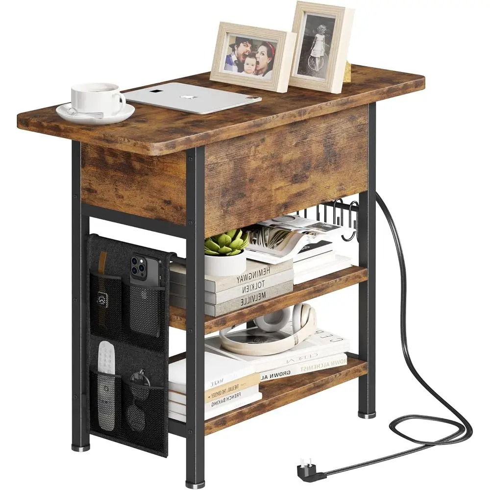 Charging Station Nightstand with USB Ports and Outlets, Fabric Bag and Hooks, Rustic Brown for Living Room and Bedroom