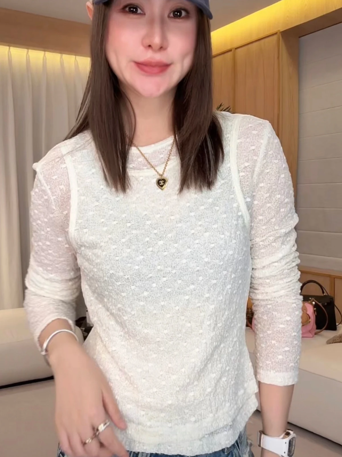 

Женская блузка с длинным рукавом и круглым вырезом, кружевная, с эффектом текстуры Lin Rou Rou, базовый слой, для весеннего праздничного образа