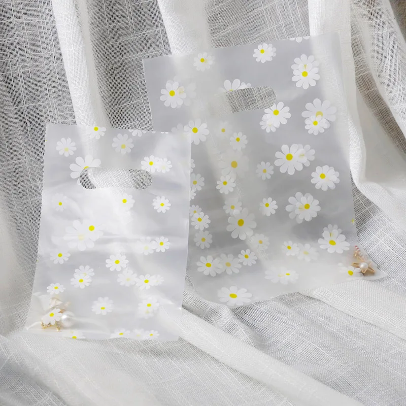 100Pcs/Lot Frosted Daisy Jewelry Plastic Bag with Handles Wedding Party Gift Packing Bag Store Small Shopping Bags