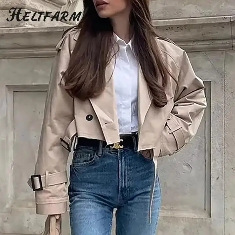 

Cropped Trench Women Long Sleeves Cropped Design Jacket Chic Lady High Street Casual Loose Coats Top Female 2023 New