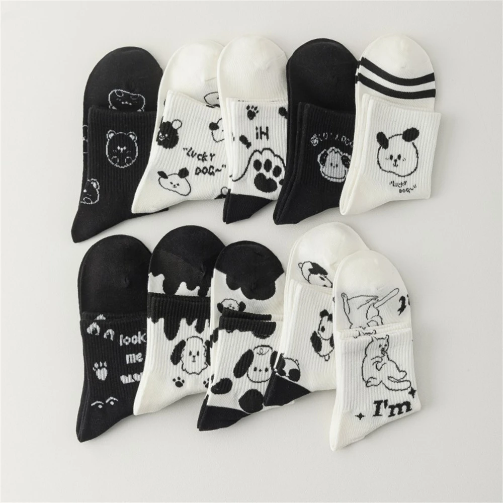 Ins New Black White Animal Panda Footprint Puppy Kitten Bear Unisex Mid Tube Soft Cotton Korean Cute Cartoon Japanese Streetwear