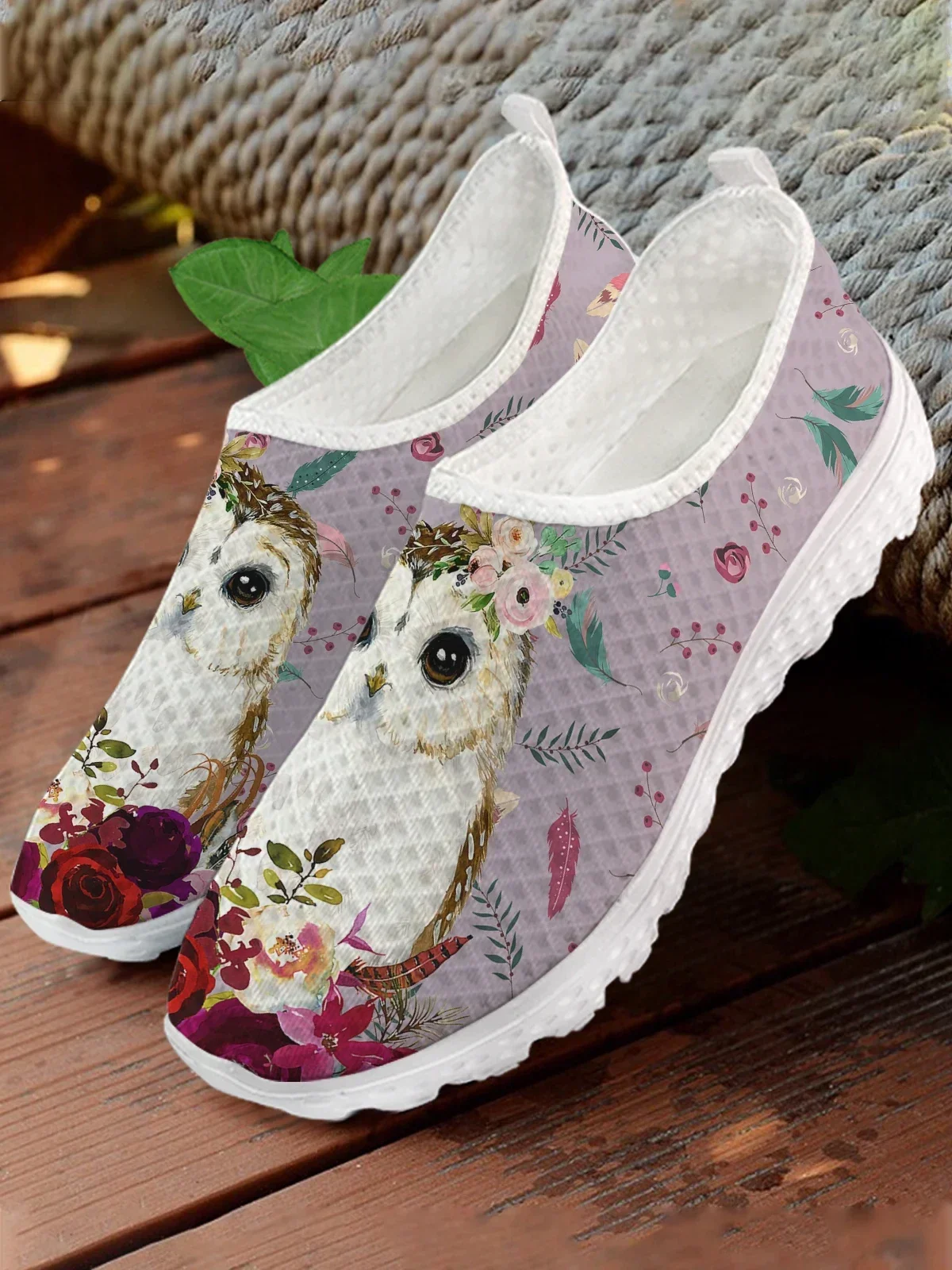 

Lavender Cartoon Owl Flower Print Lightweight Flat Loafers Ladies Animal Print Summer Breathable Mesh Shoes Zapatos