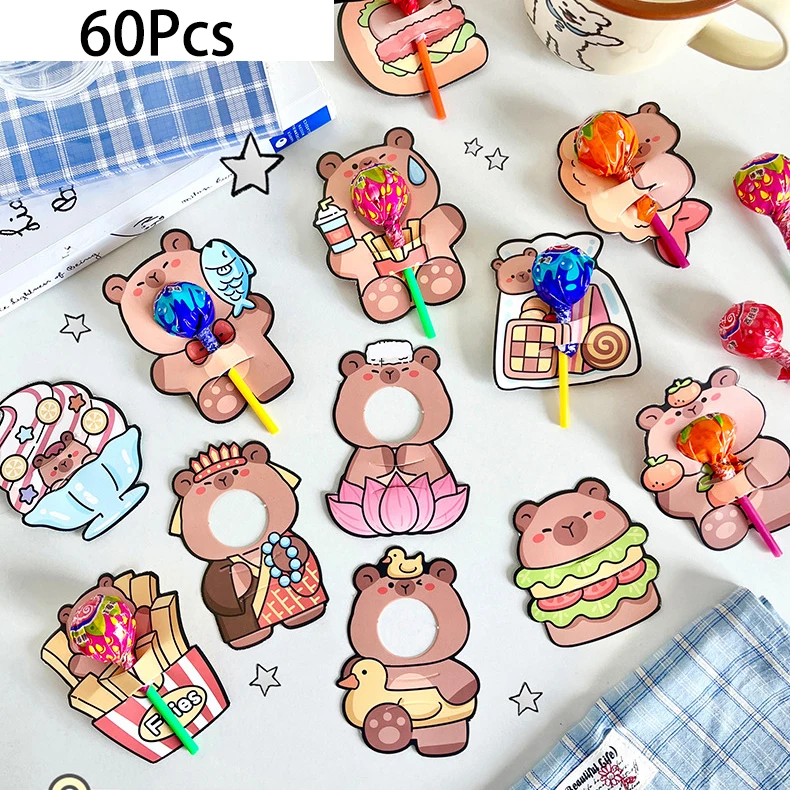60 قطعة/المجموعة الكرتون الحيوان كابيبارا موضوع مصاصة حامل بطاقات DIY الحلوى التفاف بطاقات للأطفال عيد ميلاد الطفل دش ديكور الحفلات